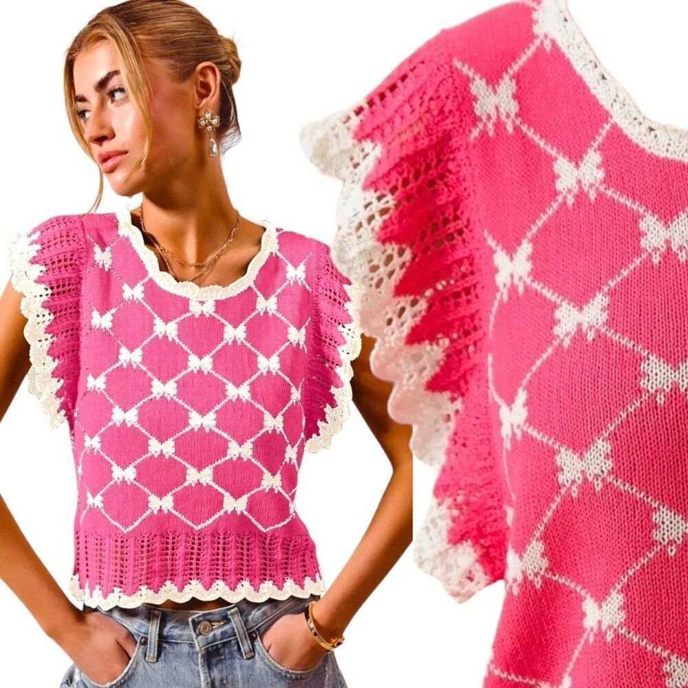 Pink Bow Ribbon Pattern Sweater Top with Back Key Hole Size Large NWT | SO ME